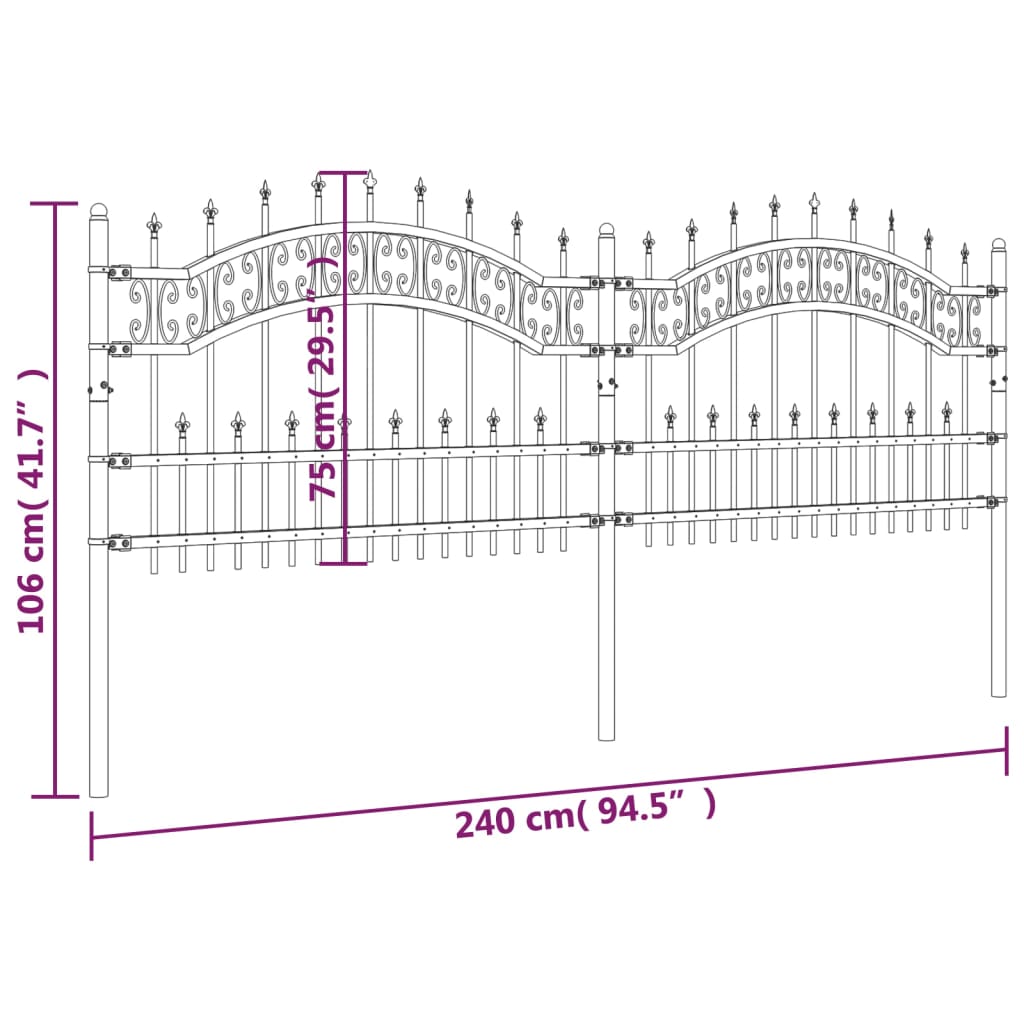 Tuinhek Met Spijlpunten 5 Cm Gepoedercoat Staal Zwart 240 x 115 cm