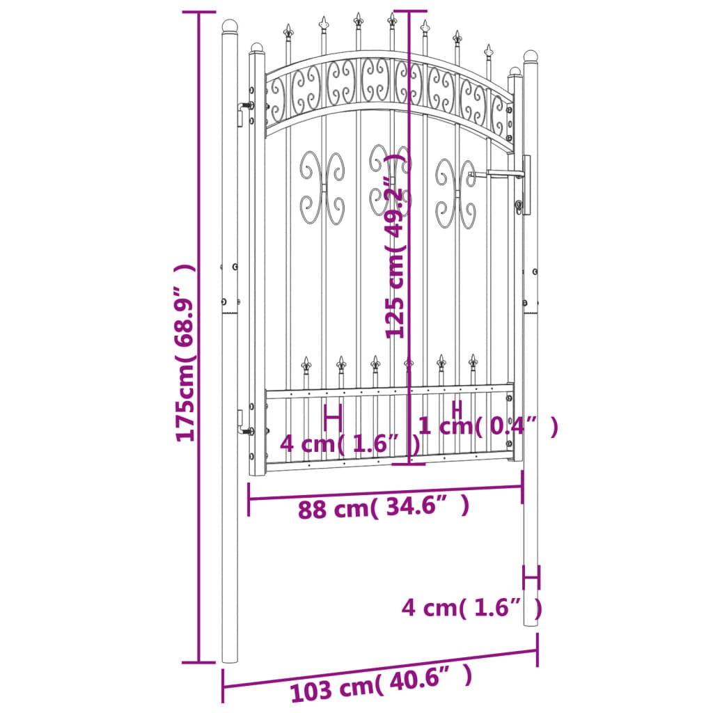 Poort met spijlpunten 103x175 cm gepoedercoat staal zwart