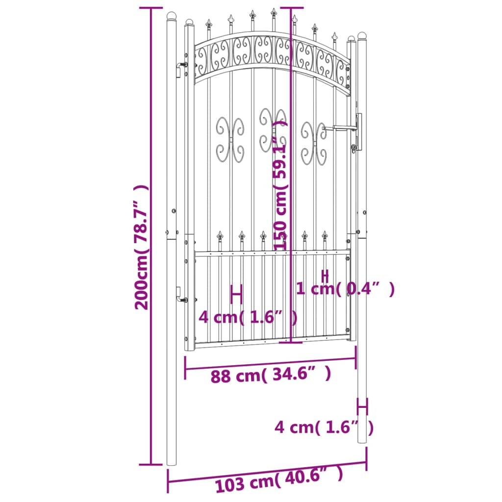 Poort met spijlpunten 103x200 cm gepoedercoat staal zwart