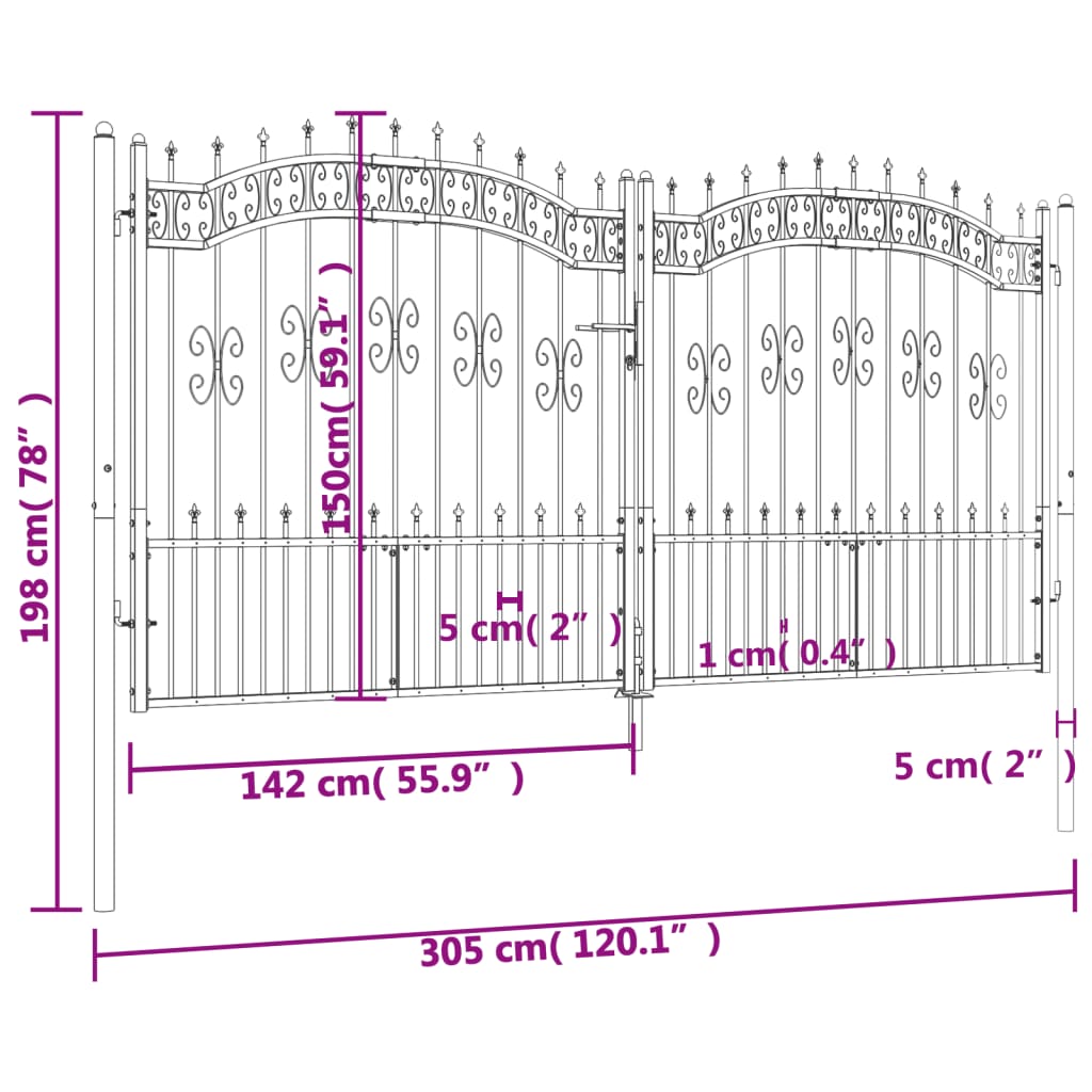 Poort Met Spijlpunten Gepoedercoat Staal Zwart 305 x 198 cm