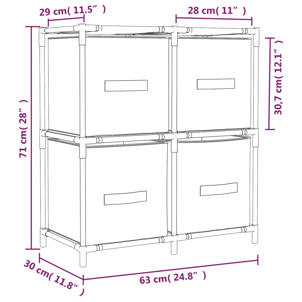 Opbergkast Met 4 Stoffen Manden 63X30X71 Cm Staal Crèmekleurig