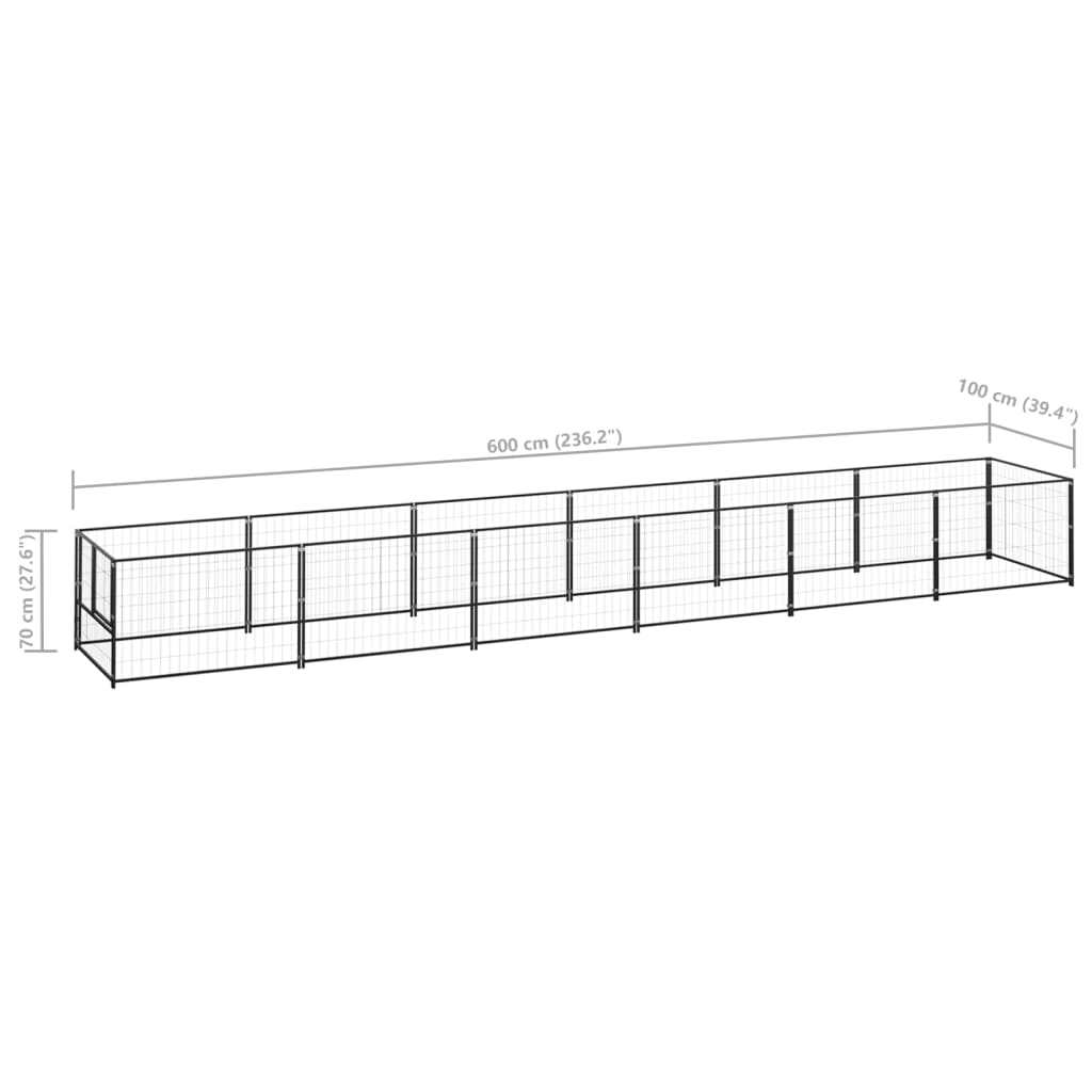 Hondenkennel 6 m² staal zwart 600 x 100 x 70 cm Zwart
