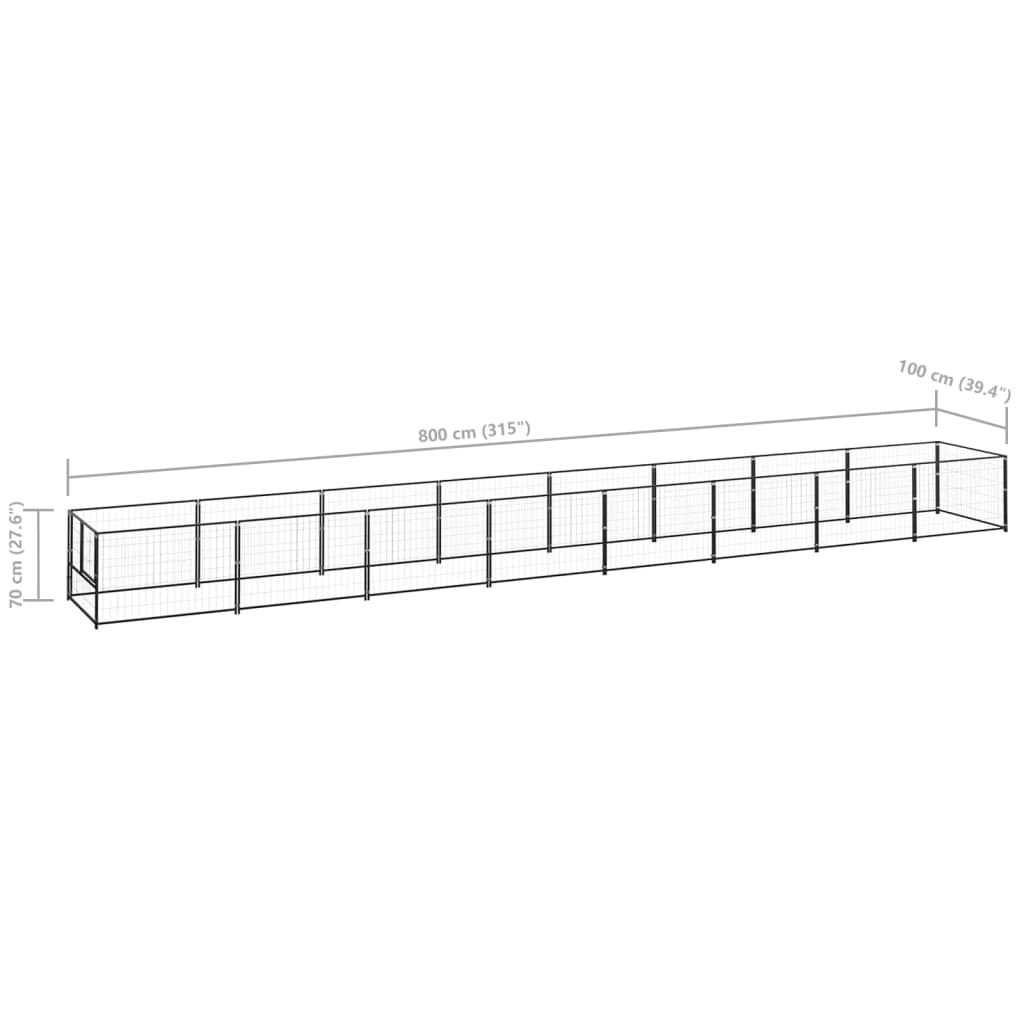 Hondenkennel 8 m² staal zwart 800 x 100 x 70 cm Zwart