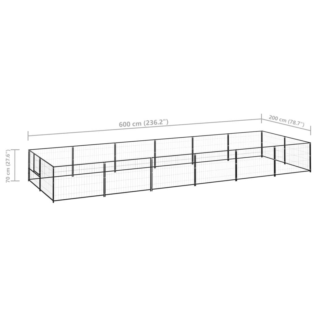 Hondenkennel 12 m² staal zwart 600 x 200 x 70 cm Zwart