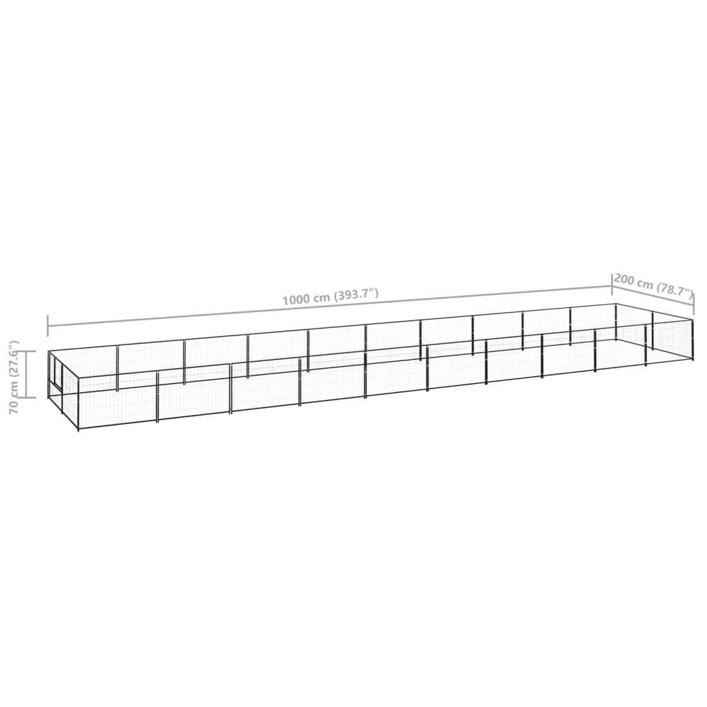 Hondenkennel 20 m² staal zwart 1000 x 200 x 70 cm Zwart