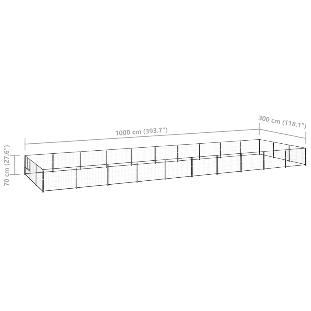 Hondenkennel 30 m² staal zwart 1000 x 300 x 70 cm Zwart