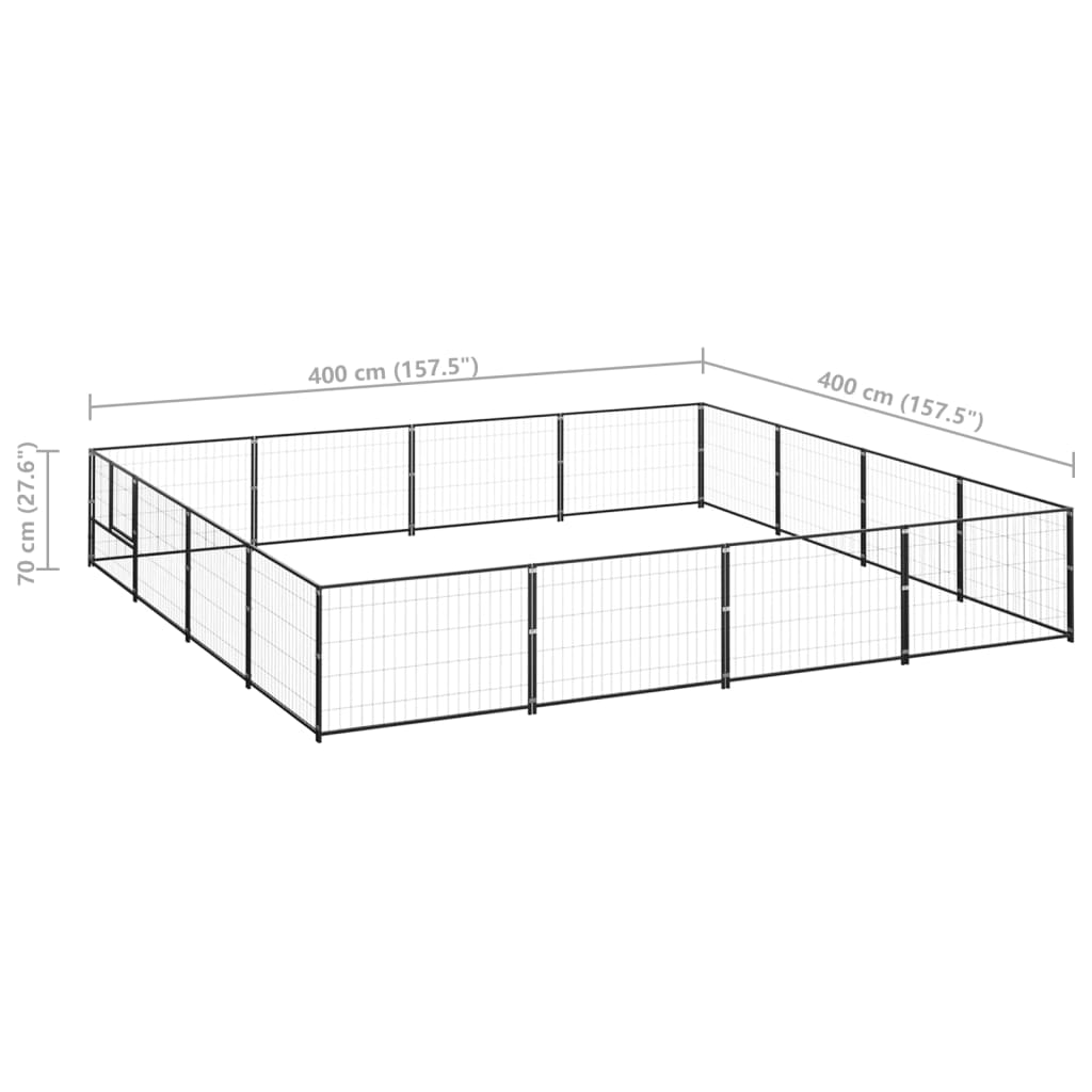 Hondenkennel 16 m² staal zwart 400 x 400 x 70 cm Zwart
