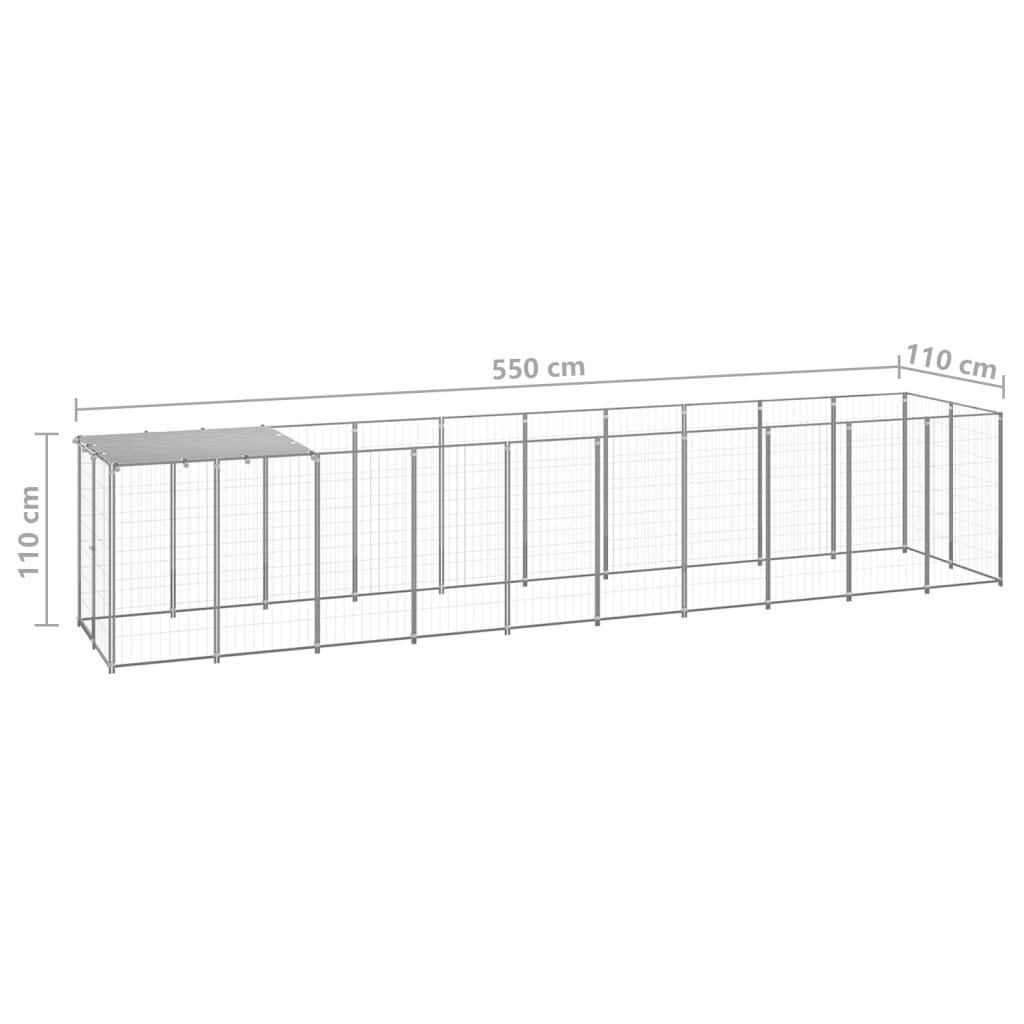 Hondenkennel 6,05 m² staal zilverkleurig 550 x 110 x 110 cm Zilver