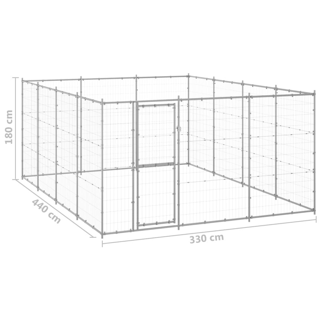 Hondenkennel 14,52 m² gegalvaniseerd staal 330 x 440 x 180 cm Zilver