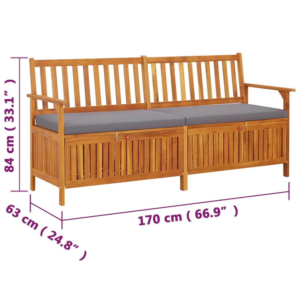 Opbergbankje Met Kussen 70 Cm Massief Acaciahout 170 x 63 x 84 cm Bruin en grijs
