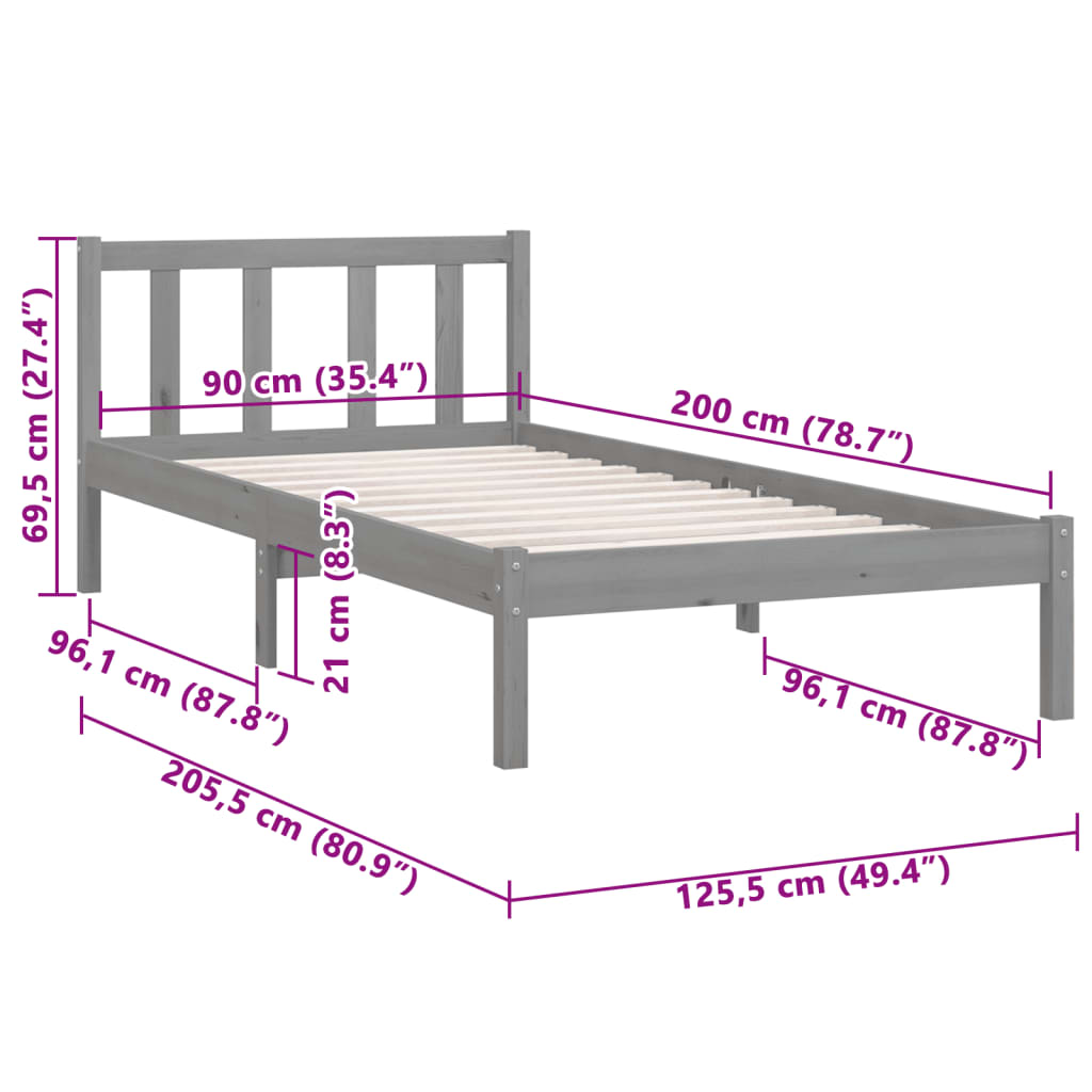 Bedframe massief grenenhout grijs 90x200 cm