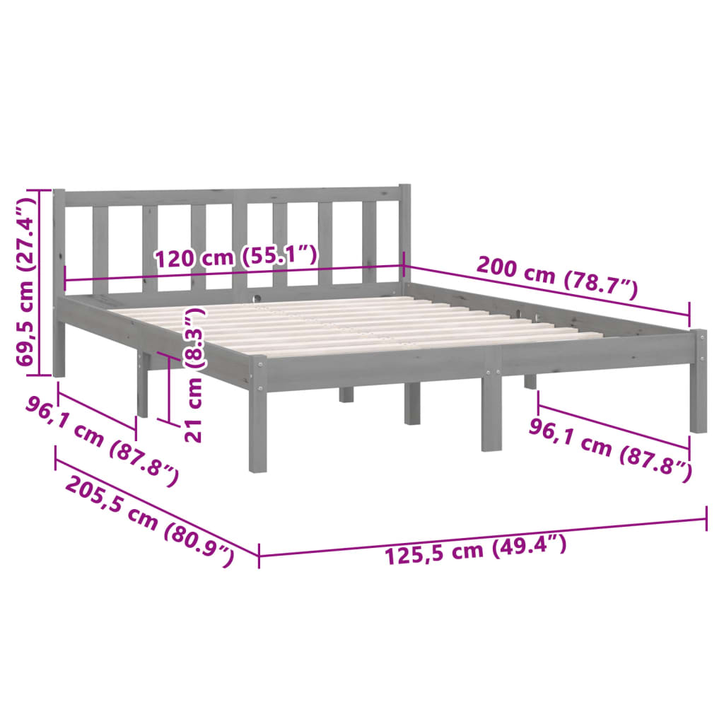 Bedframe massief grenenhout grijs 120x200 cm