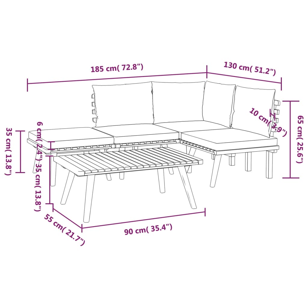 5-Delige Loungeset Met Kussens Massief Acaciahout hoek + 2x midden + voetensteun + Tafel