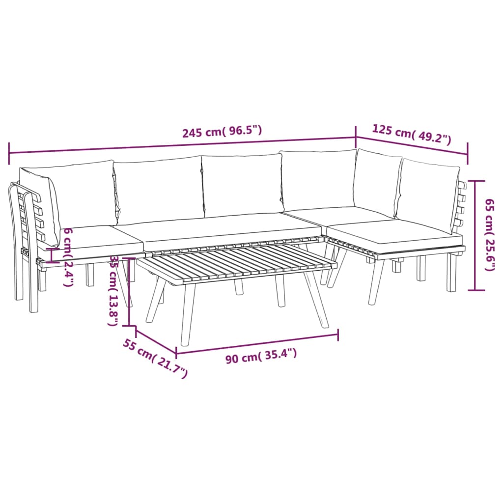 5-Delige Loungeset Met Kussens Massief Acaciahout 2x hoek + midden + Bank + Tafel