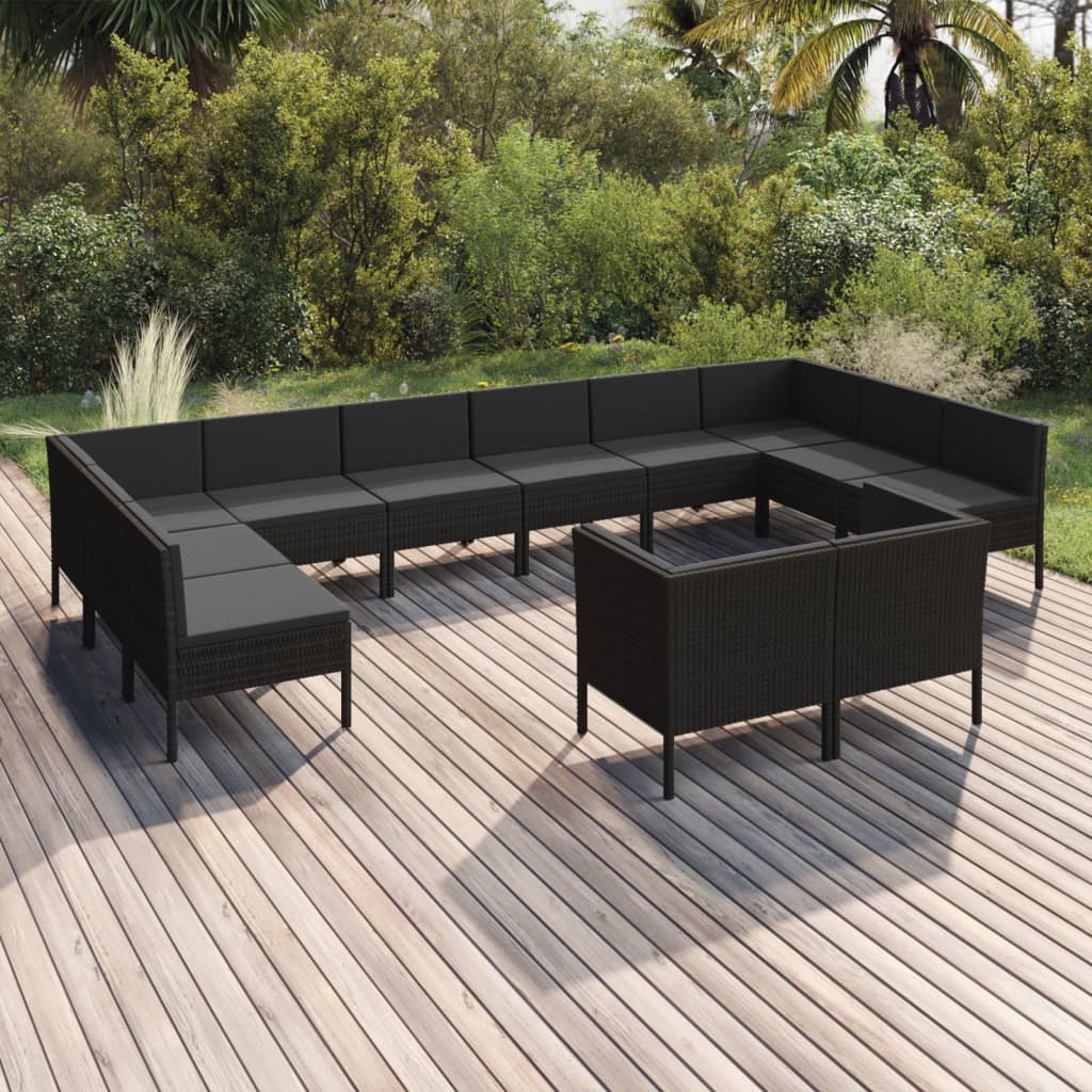 12-Delige Loungeset Met Kussens Poly Rattan Zwart 1