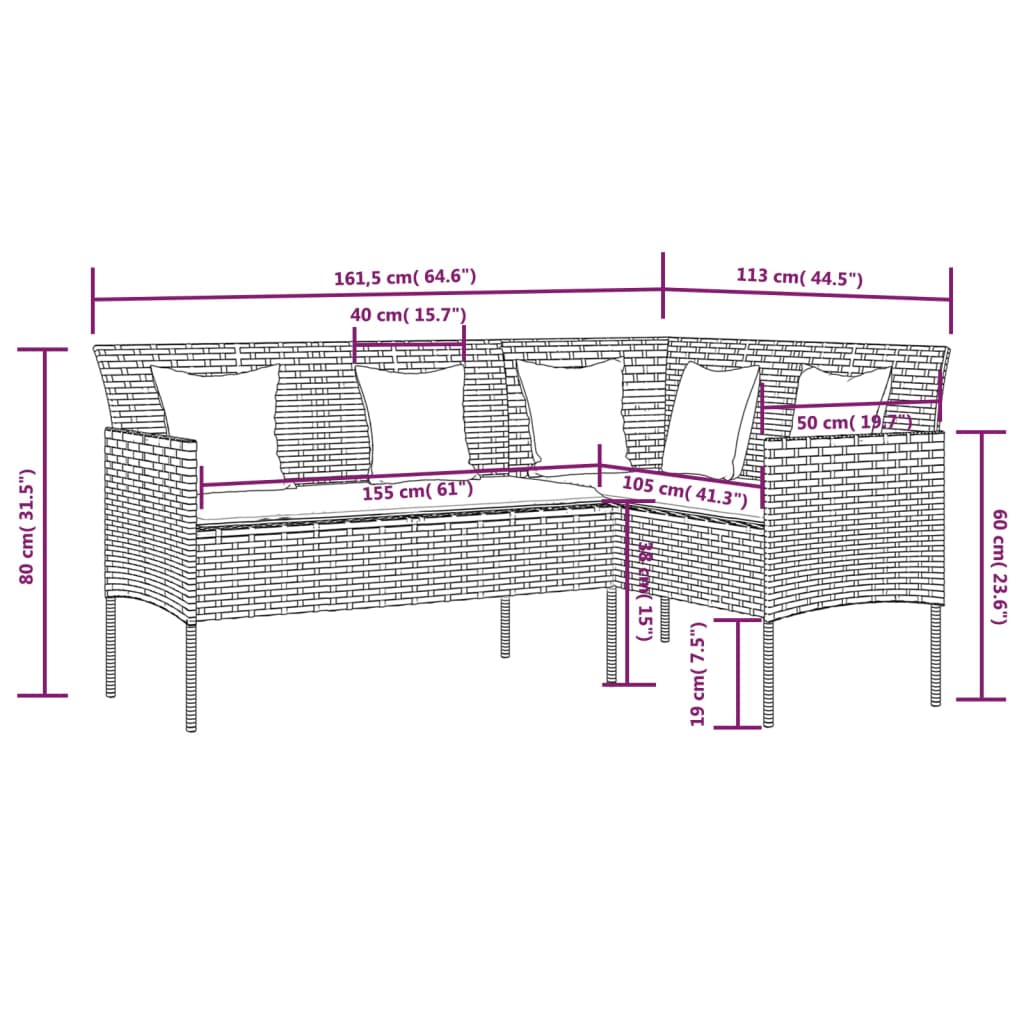 Loungebank Met Kussens L-Vormig Poly Rattan Grijs