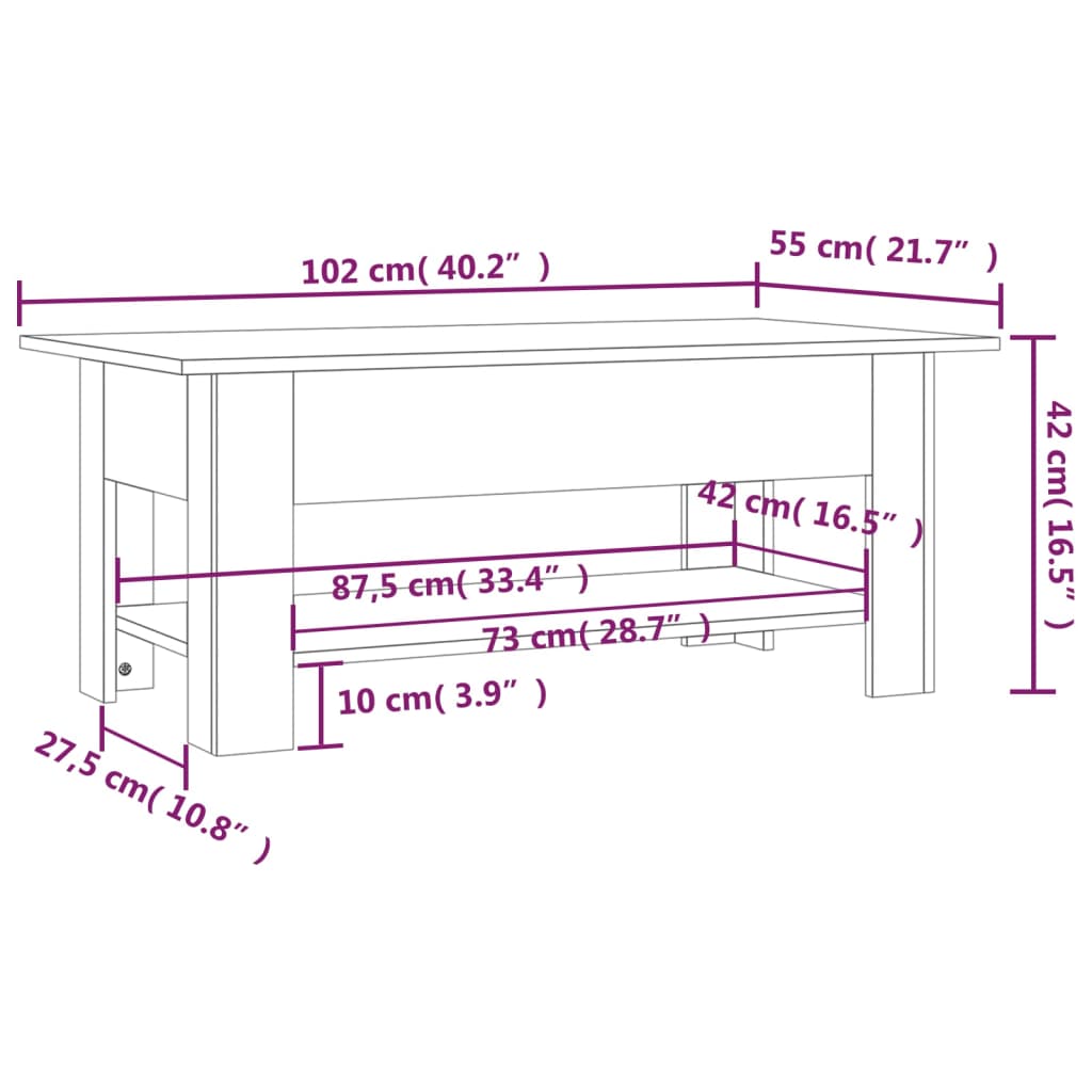 Salontafel 102X55X42 Cm Bewerkt Hout Wit