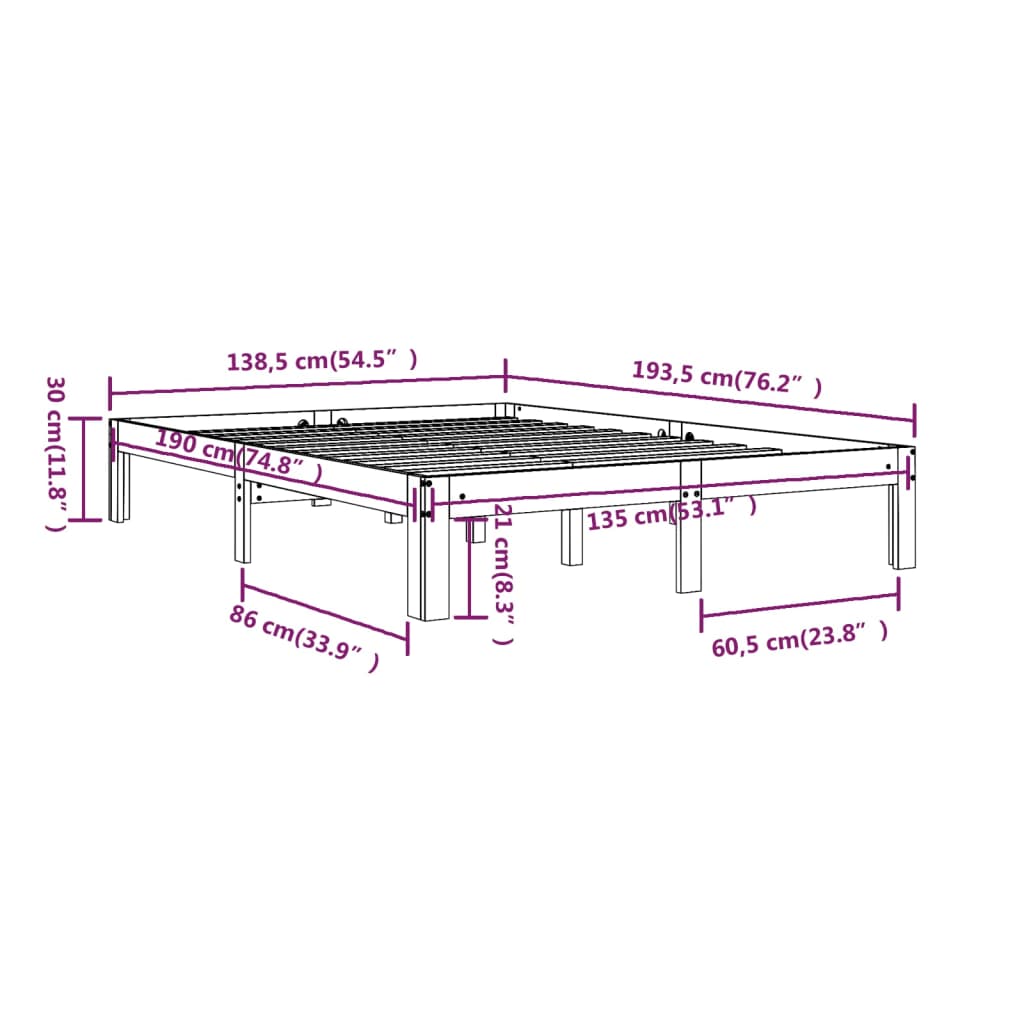 Bedframe Massief Hout Double 135 x 190 cm Wit
