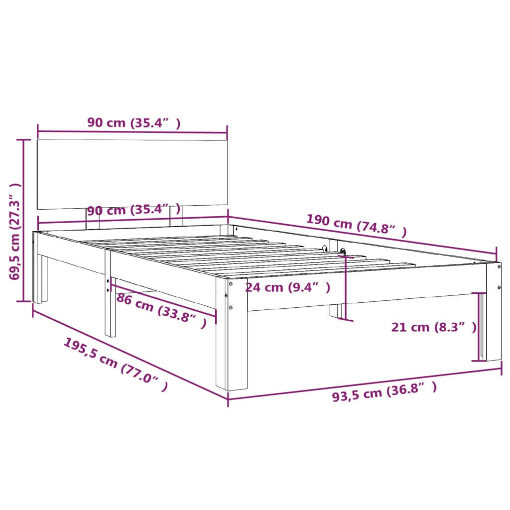 Bedframe Massief Hout Single 90 x 190 cm Naturel