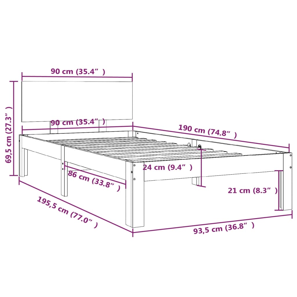 Bedframe Massief Hout Single 90 x 190 cm Wit