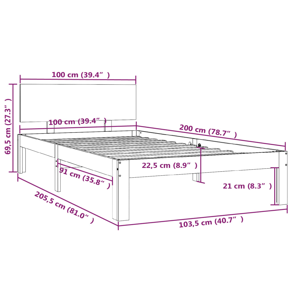 Bedframe Massief Grenenhout 100 x 200 cm Wit