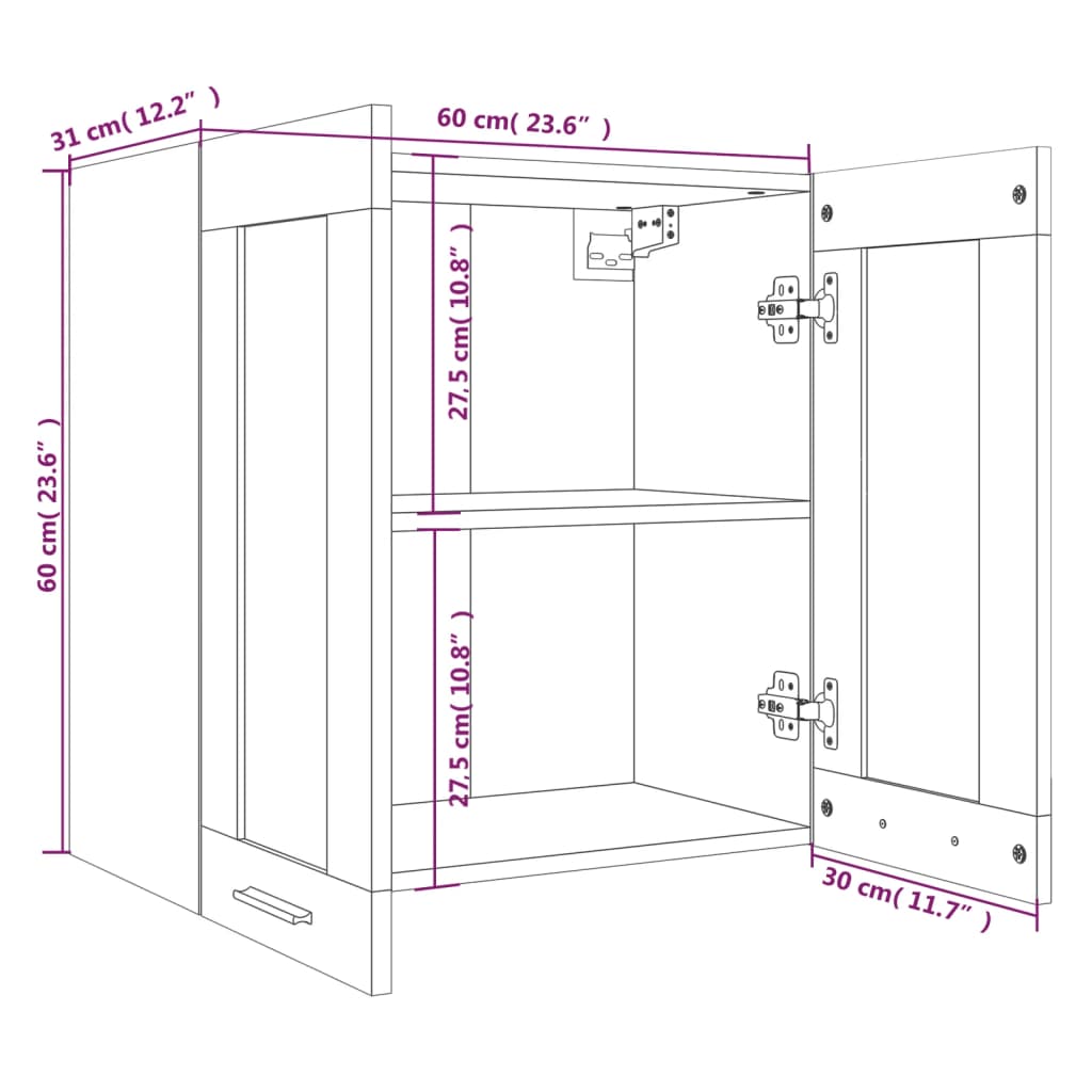 Wandkast hangend 60x31x60 cm glas en bewerkt hout gerookt eiken Hangkast glas 60 cm