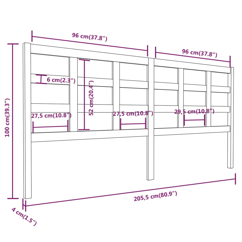 Hoofdbord 205,5X4X100 Cm Massief Grenenhout Zwart