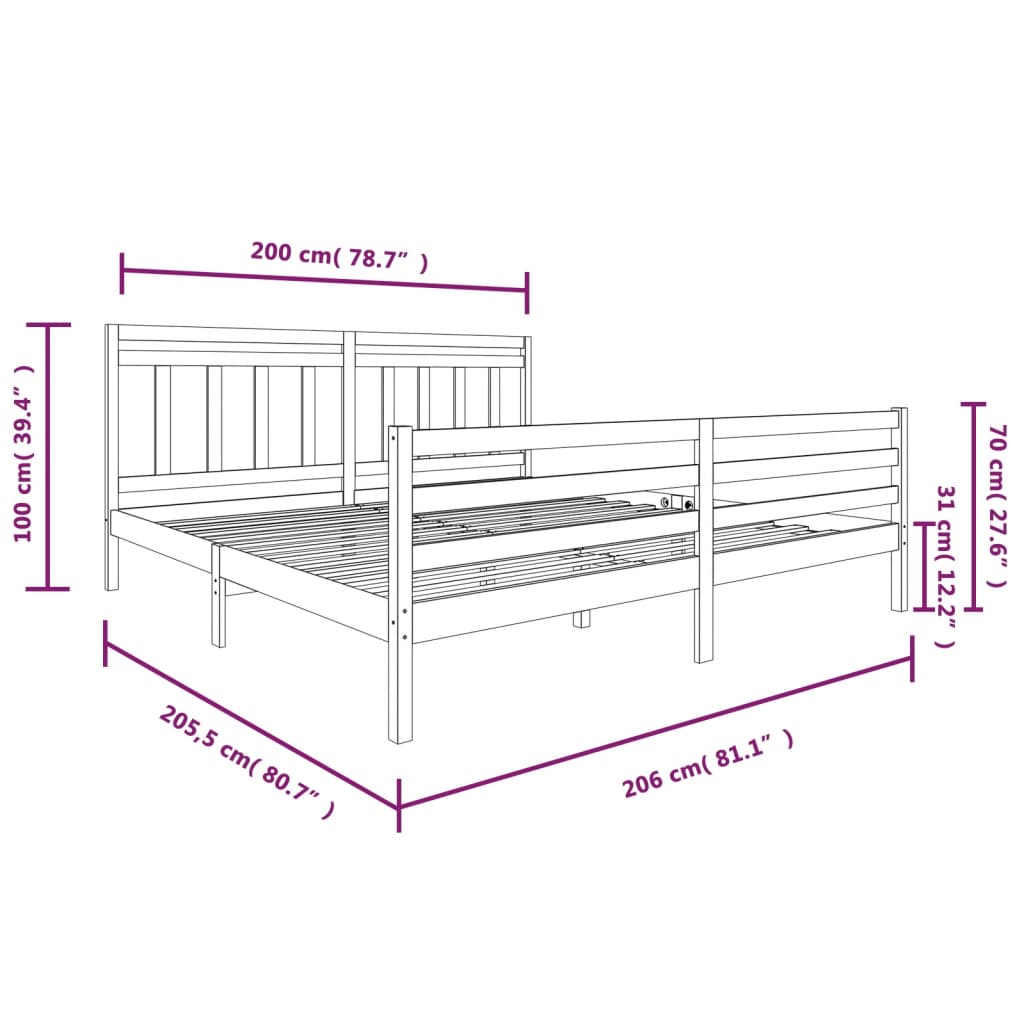 Bedframe Massief Hout 200 x 200 cm Grijs
