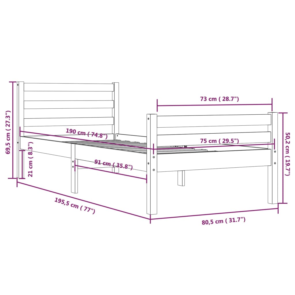 Bedframe Massief Hout Small Single 75 x 190 cm Honingbruin