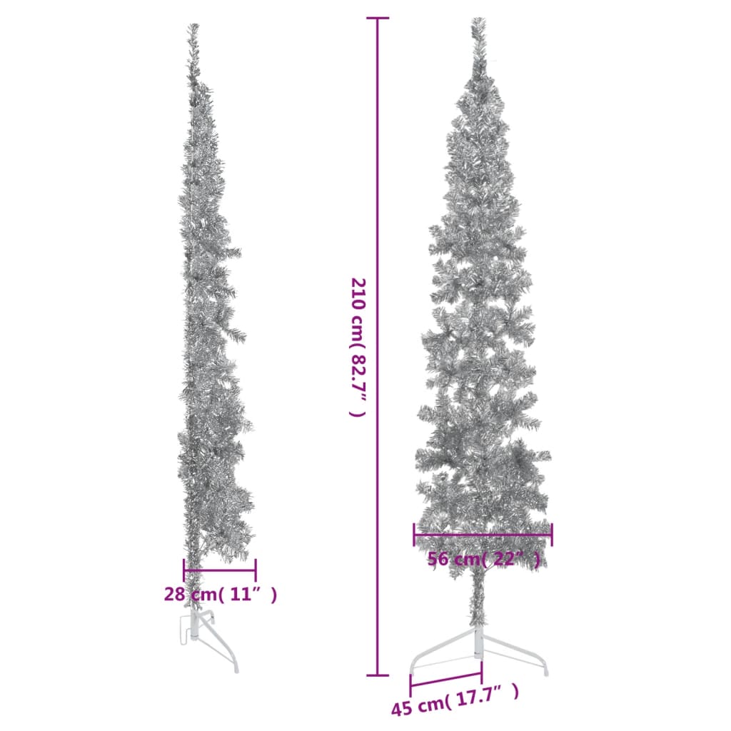 Kunstkerstboom Half Met Standaard Smal 20 Cm Kleurig 210 x 56 cm Zilver