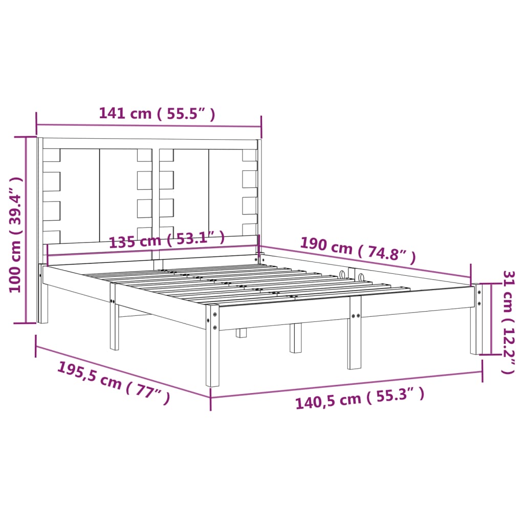 Bedframe Massief Hout 135 x 190 cm Naturel