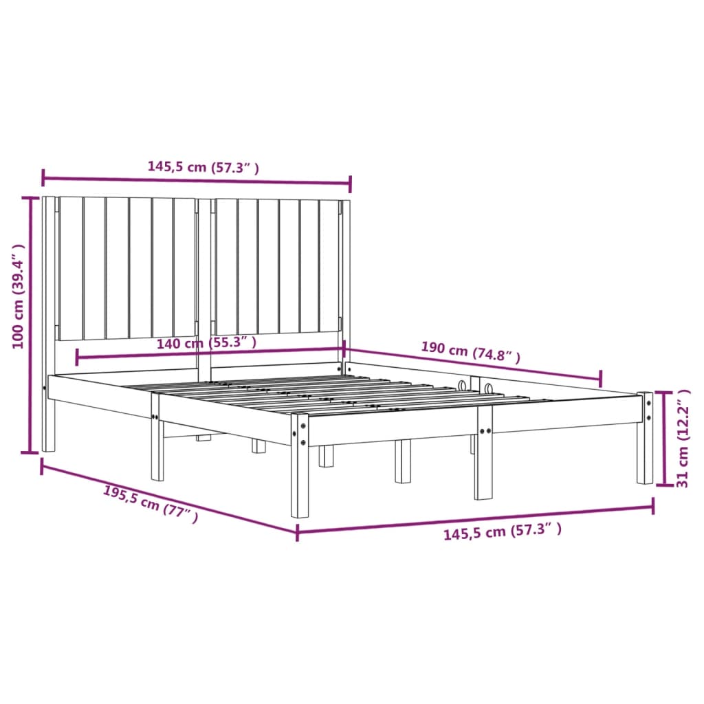 Bedframe Massief Grenenhout 140 x 190 cm Zwart