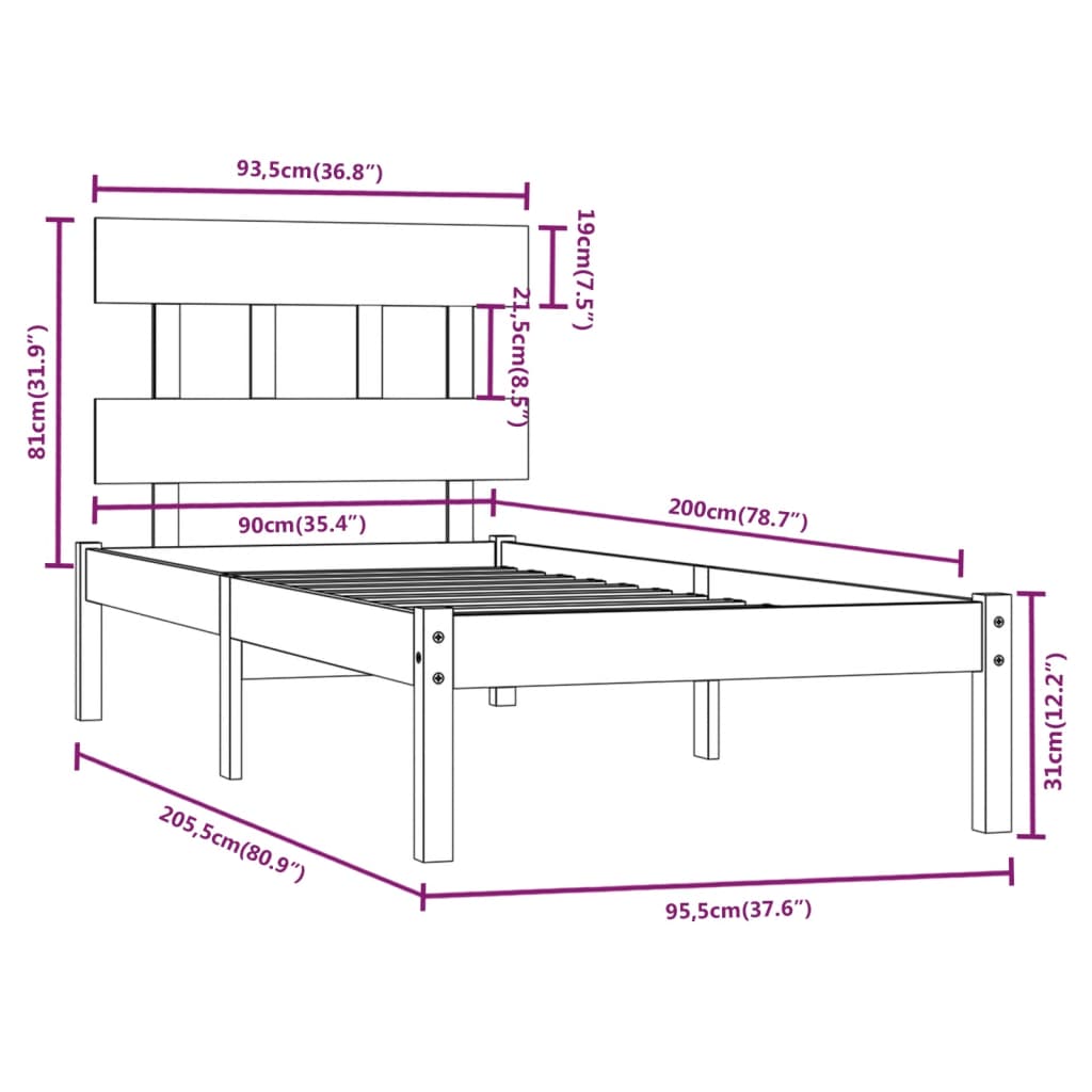 Bedframe Massief Hout 90 x 200 cm Naturel