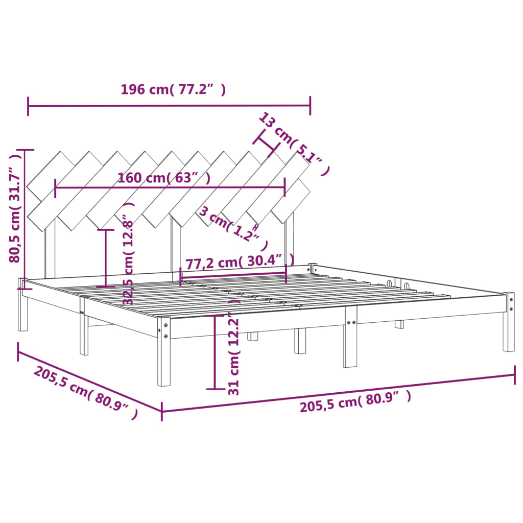 Bedframe Massief Hout 200 x 200 cm Wit