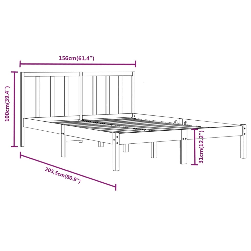 Bedframe Massief Grenenhout 5Ft King Size 150 x 200 cm Zwart