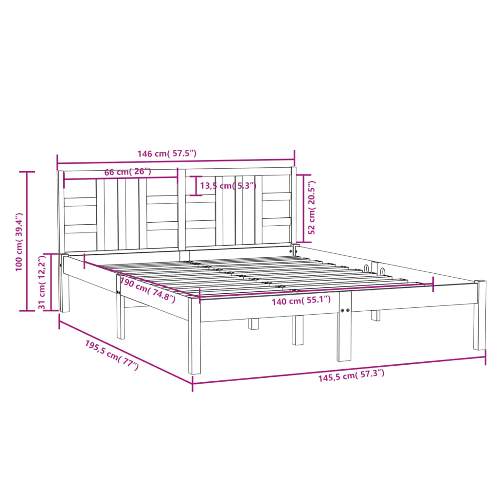 Bedframe Massief Hout 140 x 190 cm Zwart