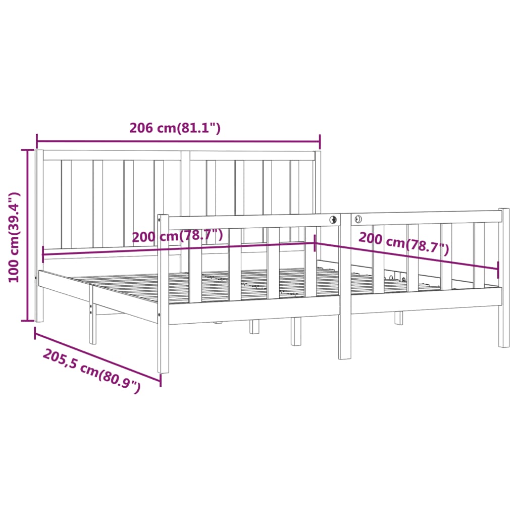 Bedframe Massief Hout 200 x 200 cm Zwart