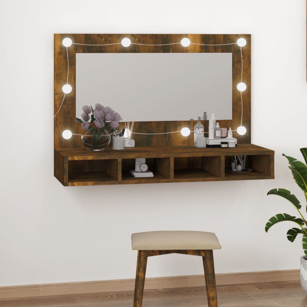 Spiegelkast Met Led-Verlichting 90X3,5X62 Cm Gerookt eiken