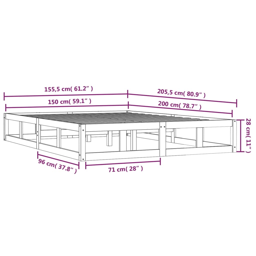 Bedframe Massief Hout 5Ft King Size 150 x 200 cm Grijs