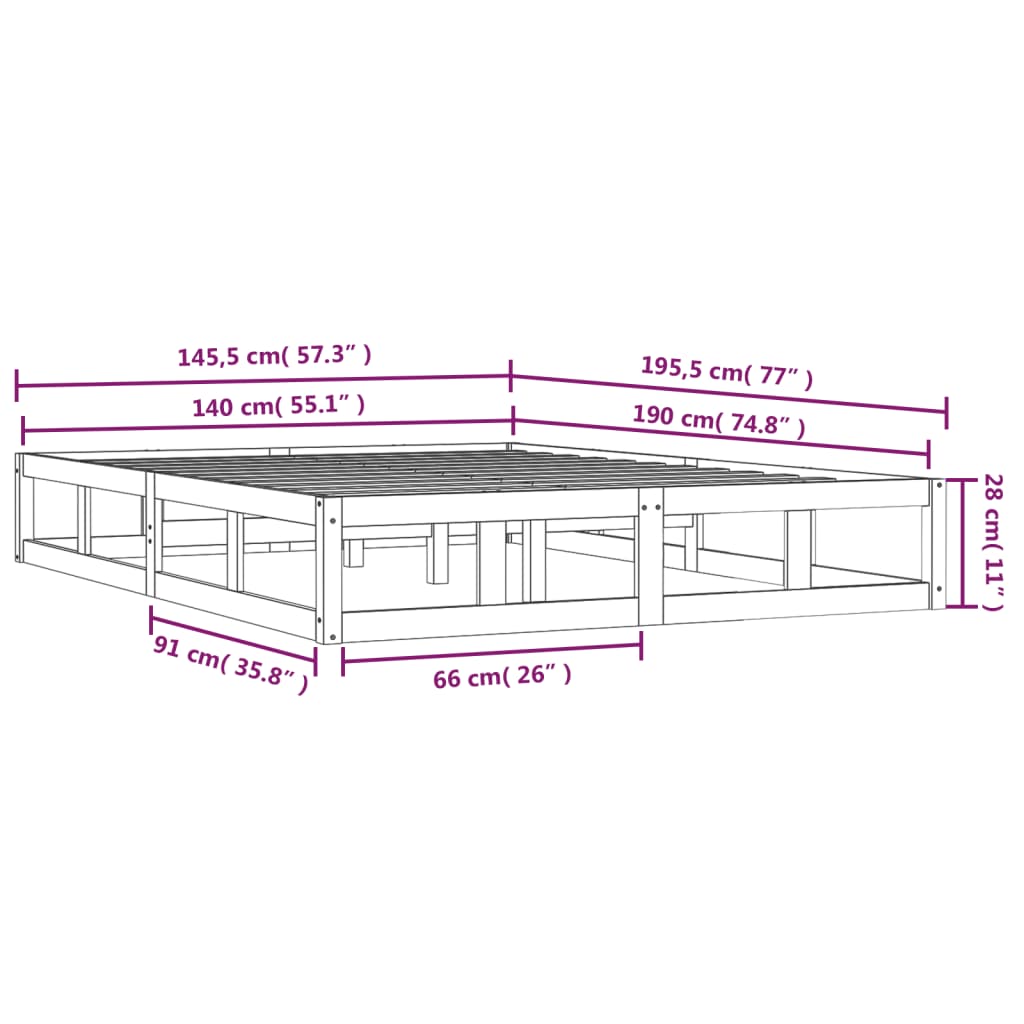 Bedframe Massief Hout 140 x 190 cm Wit