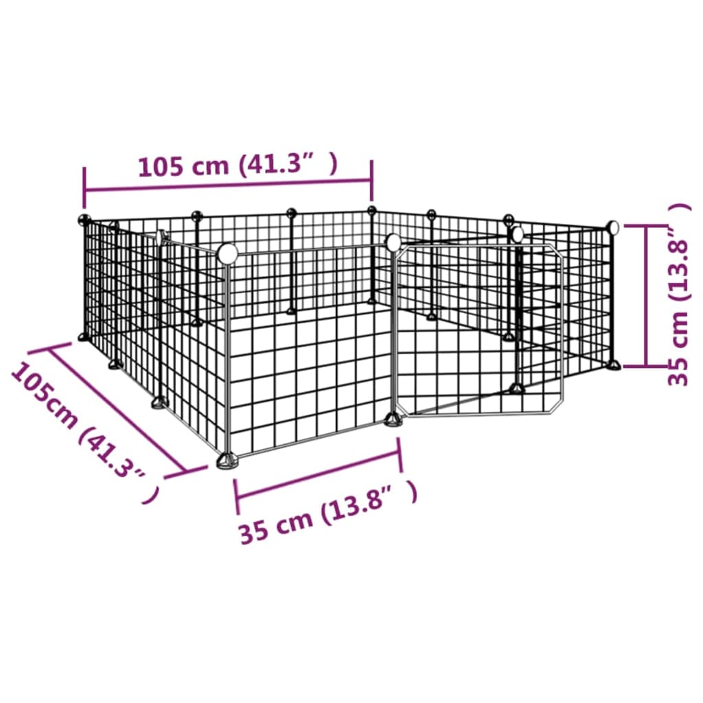 Huisdierenkooi met deur 12 panelen 35x35 cm staal zwart 4.3 cm