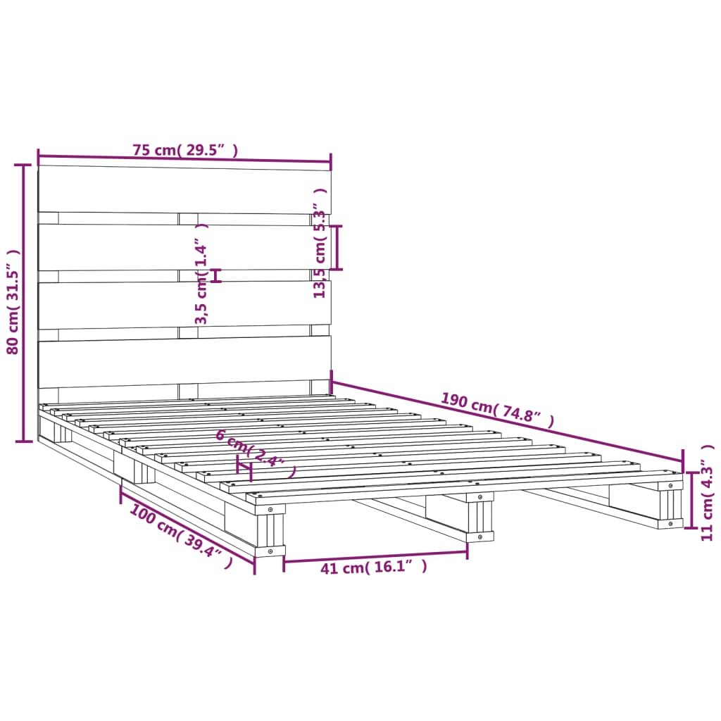 Bedframe Massief Grenenhout 75 x 190 cm Naturel
