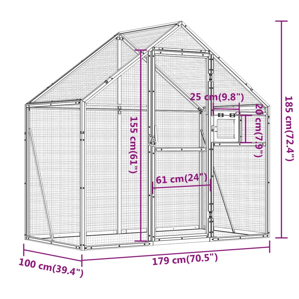 Volière 179x100x185 m aluminium zilverkleurig 1.79 x 1 x 1.85 m Zilver