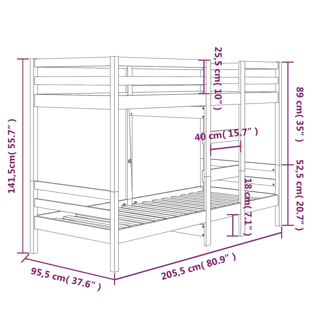 Stapelbed massief grenenhout wit 90x200 cm 90 x 200 cm Wit