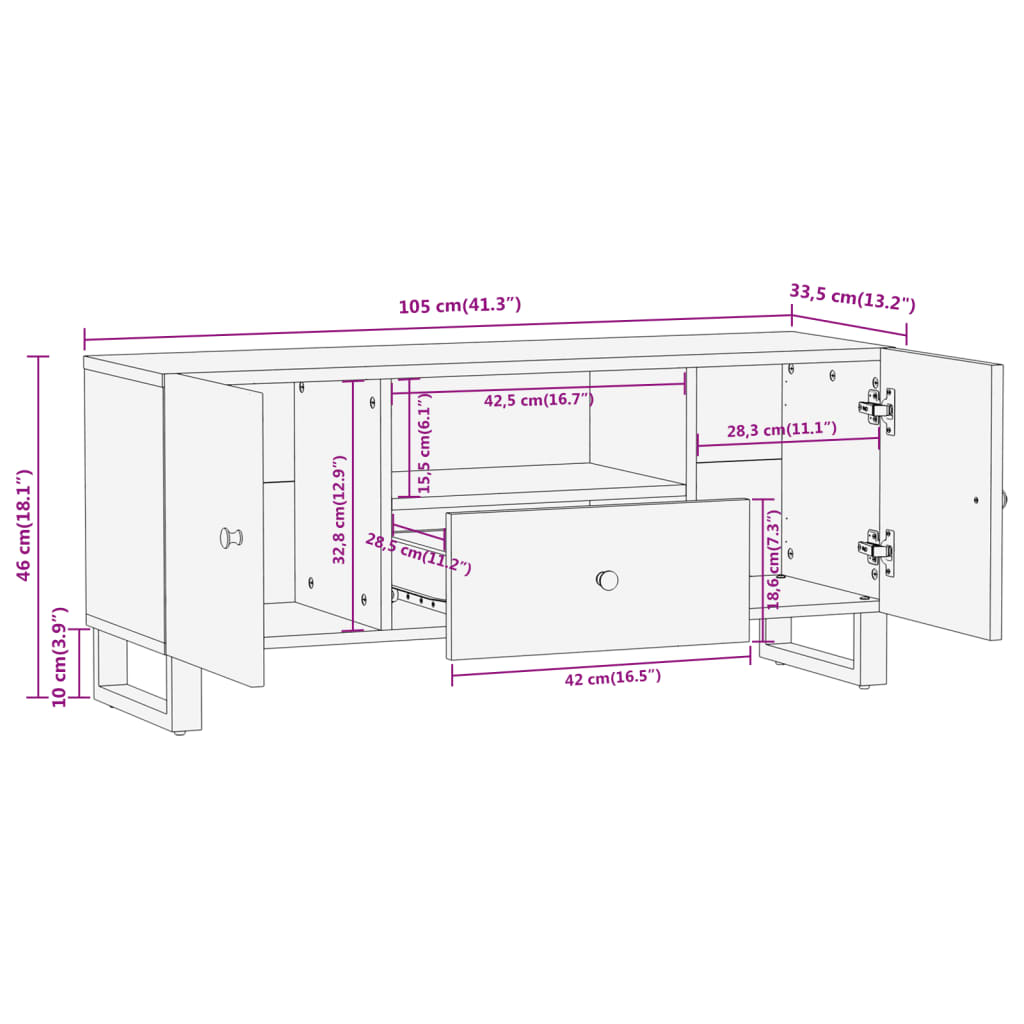 Tv-meubel 105x33,5x46 cm massief mangohout bruin en zwart