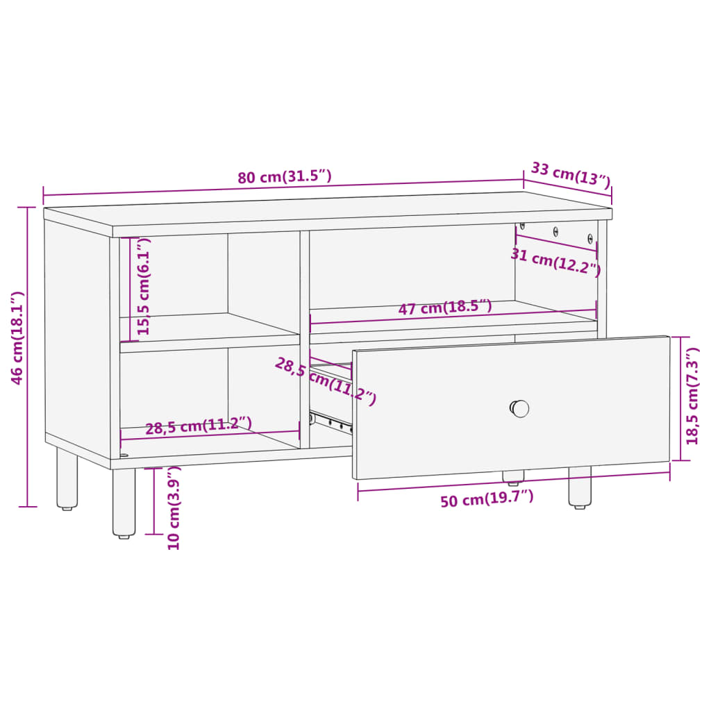 Tv-meubel 80x33x46 cm massief mangohout Naturel massief mangohout