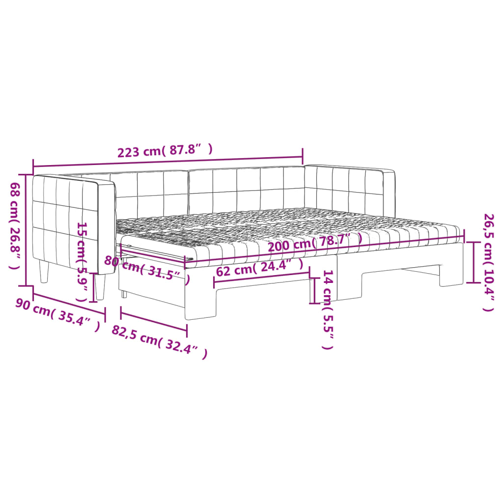 Slaapbank Onderschuifbed En Matrassen Fluweel 80 x 200 cm Zwart met onderschuifbed en matras