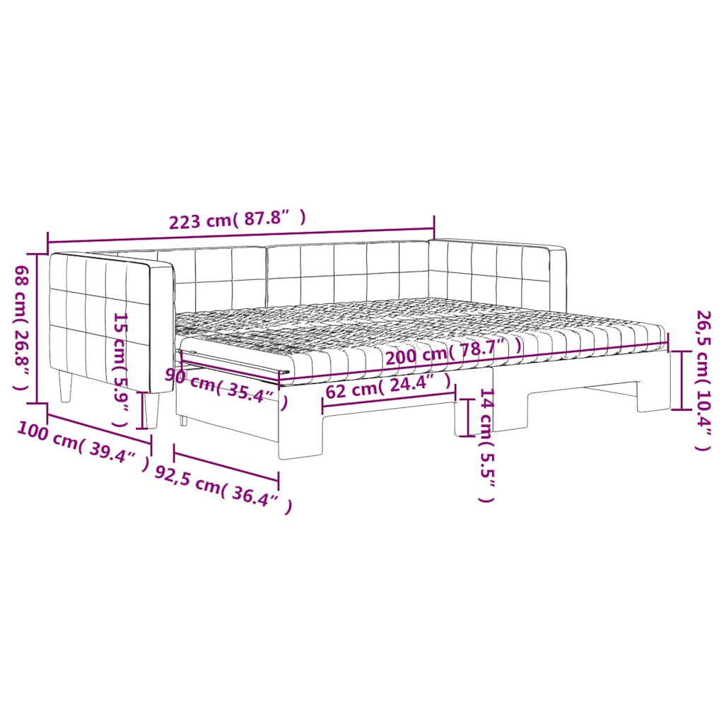 Slaapbank onderschuifbed matrassen 90x200cm fluweel donkergrijs