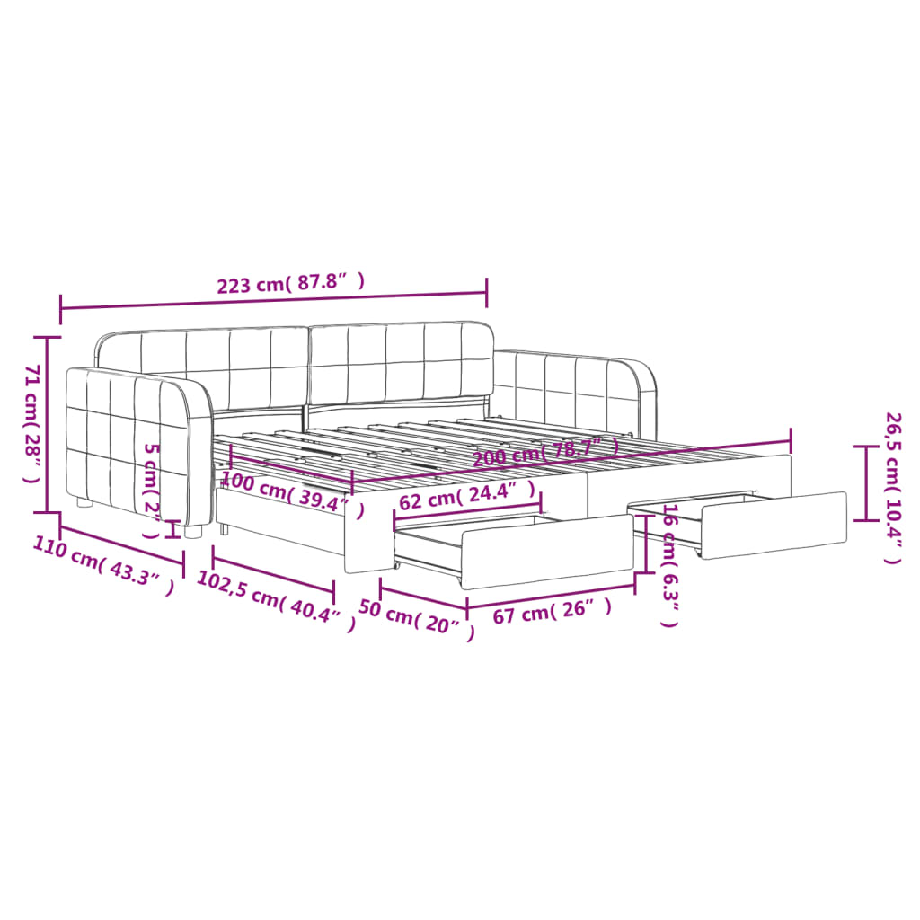 Slaapbank met onderschuifbed en lades 100x200 cm fluweel geel