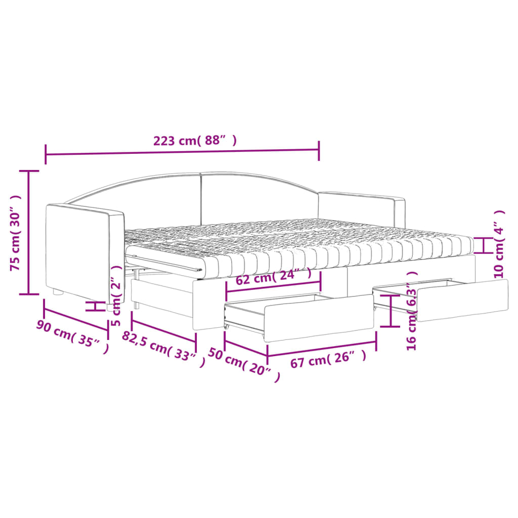 Slaapbank Met Onderschuifbed En Lades Stof Kleur 80 x 200 cm Crème met onderschuifbed en lade en matras